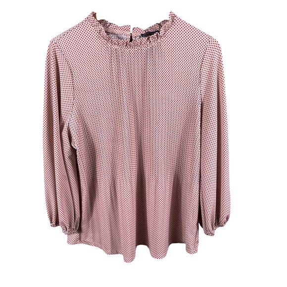 Adrianna Papell Women Large Pink Polka Dot Ruffle Hem Long Sleeve Top Blouse - Picture 1 of 11